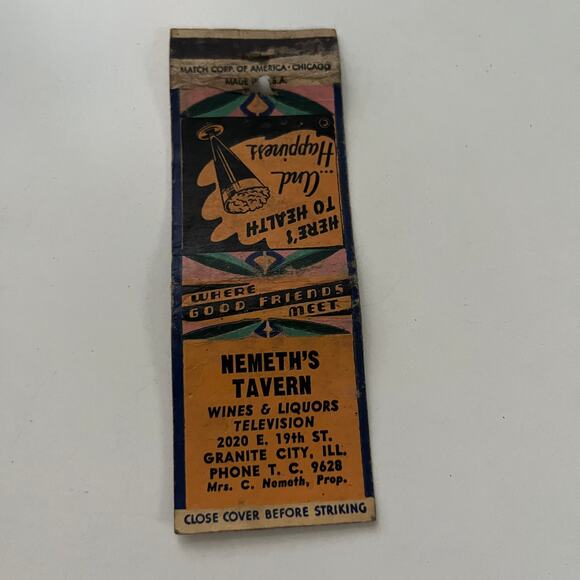 Nemeth's Tavern Mrs C Nemeth Granite City IL Vintage Matchbook Cover SMB14-5 - Picture 2 of 2